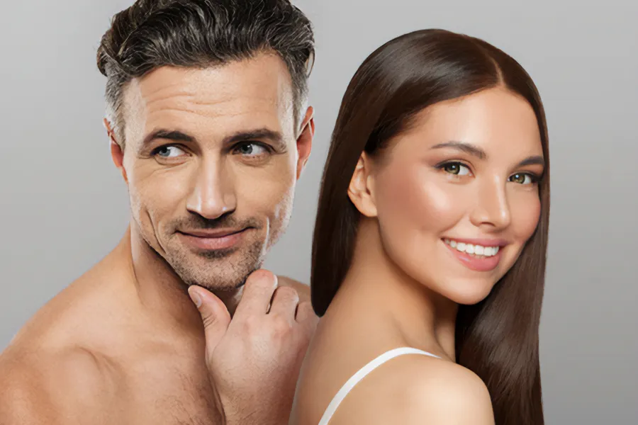Aesthetics-Cosmetics-Doctor A handsome man and beautiful brunette woman stand against a gray background showing their smooth beautiful skin resulting from aesthetic and cosmetic care from Proactive Wellness Centers in Loudoun County.