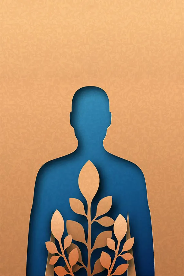 Functional-Medicine-Treatment A human body shape cut out of cardboard with blue paper underneath and cardboard leaves on top, symbolizing functional medicine treatment from Proactive Wellness Centers in Loudoun County.